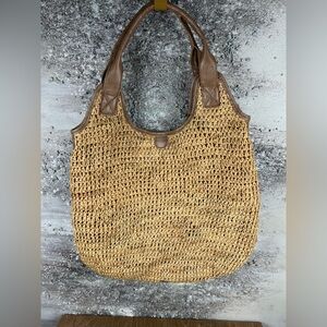 546 Flora Bella Woven Straw Tote Bag with light tan Trim